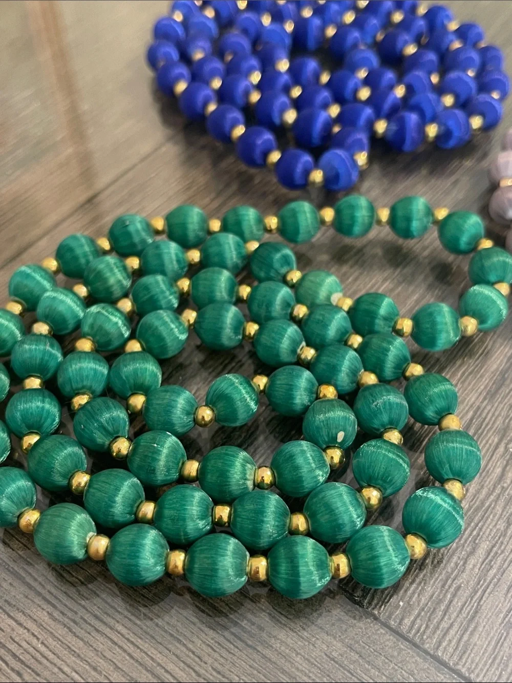 Vintage 3 Necklaces with Spun Silk Satin Beads Gold Tone Spacers 30 In. Approx